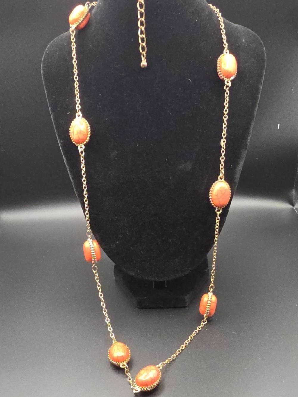 Gold Chain Necklace with Coral Orange Bead Accents - Women Jewelry